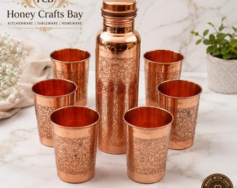 Set aus reiner Kupfer-Wasserflasche und -Becher, handgefertigtes Kupfer-Trinkgeschirr, luxuriöses Tischgeschirr, indische Kupfer-Wasserflasche, Einzugsgeschenk