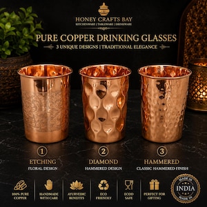 Kupferbecher mit Gravur, Diamant- und Hammerschlag-Verzierung | Handgefertigter Kupferbecher | Ayurvedisches Wasserglas | Geschenkidee aus Kupfer