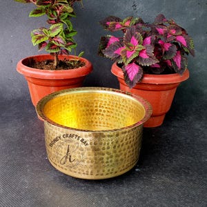 May include: A hammered brass bowl with the text "HONEY CRAFTS BAY" and a stylized "H" logo. The bowl is in front of two potted plants with colourful foliage. The plants are in terracotta pots.
