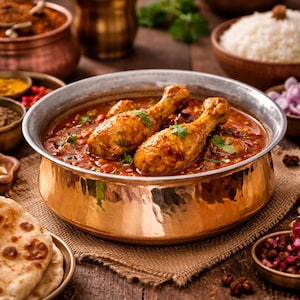 Puede incluir: Un cuenco de cobre con borde plateado lleno de muslos de pollo en una rica salsa de curry roja, adornado con hierbas frescas. El plato está rodeado de otros cuencos de comida, incluyendo arroz y pan naan, sobre una mesa de madera.