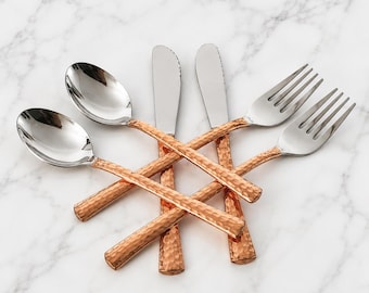 Copper Stainless Steel Flatware Set | Handmade Hammered Silverware Set | Spoon Fork Knife Cutlery | Rustic Tableware | Housewarming Gift