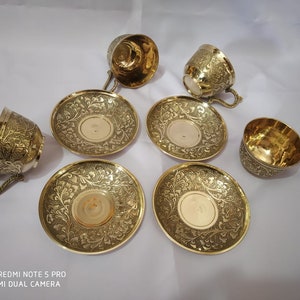 Vintage Brass Tea Cup Set: Embroidered Royal Style Coffee Cups