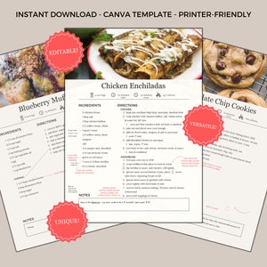 May include: Printable recipe cards with images of blueberry muffins, chicken enchiladas, and chocolate chip cookies. The cards are labeled with the names of the recipes and have sections for ingredients, directions, and notes. The cards are also labeled with the words "Editable!" and "Versatile!"