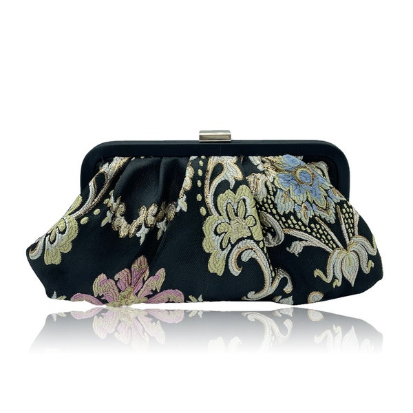 Black Floral Embroided Clutch Evening Bag