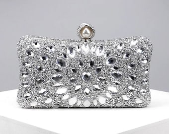 Silver Rhinestone Crystal Embellished Clutch Evening Bag