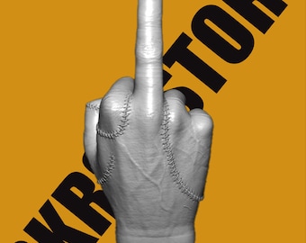 May include: A grayscale image of a hand giving the middle finger, with visible stitching along the seams. The background is a solid orange color, and the text "DKR STORE" is diagonally across the image in black.