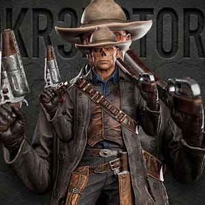 Puede incluir: Figura detallada de un personaje con sombrero de vaquero, chaqueta de cuero y cinturón, sosteniendo dos pistolas. La figura tiene una apariencia desgastada, con un rostro similar a un cráneo. El fondo presenta el texto "DKR STORE".