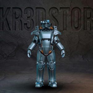 May include: A full-body silver and orange power armour suit stands against a dark textured background. The armour has a helmet with blue lenses and a respirator. The text "DKR3DSTORE" is embossed in the background.