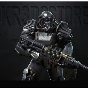 May include: A dark grey figurine of a character in power armour, holding a large weapon. The armour features a helmet with a respirator and intricate mechanical details. The weapon has green and gold accents. The background has the text "DKR3DSTORE".