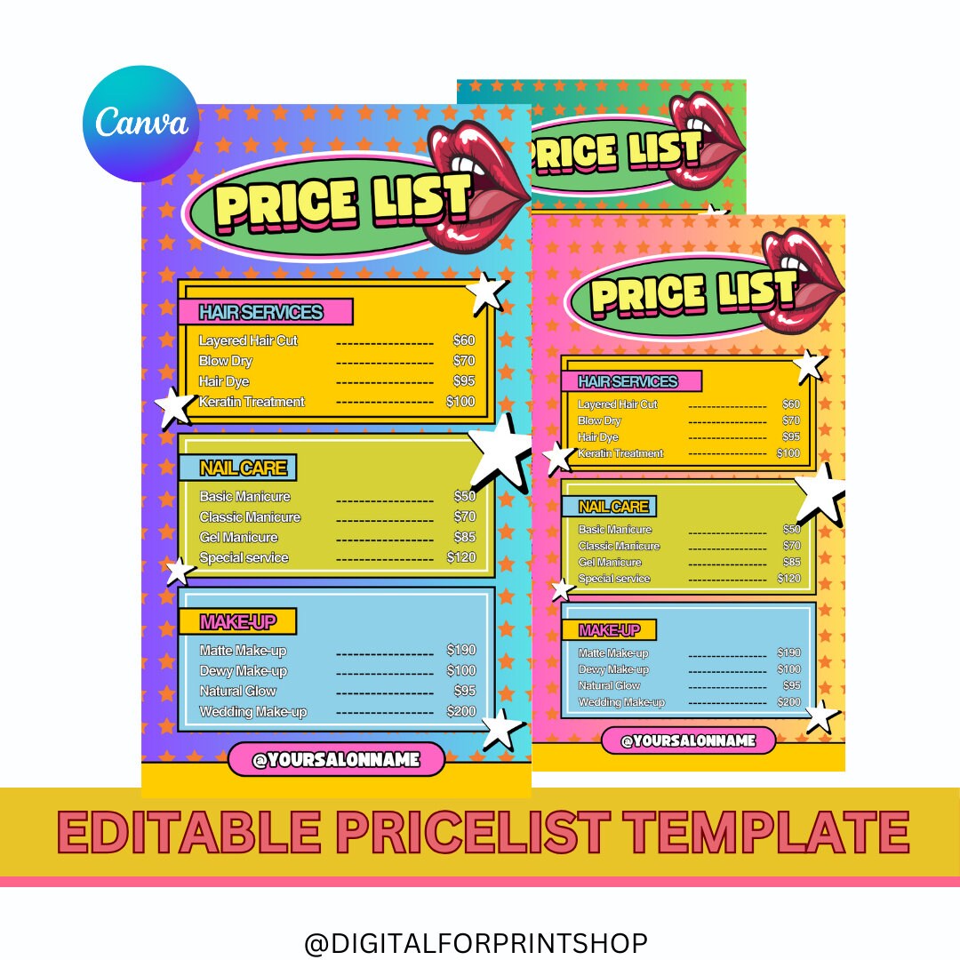 Price List Template Price List Salon Price List Price Etsy