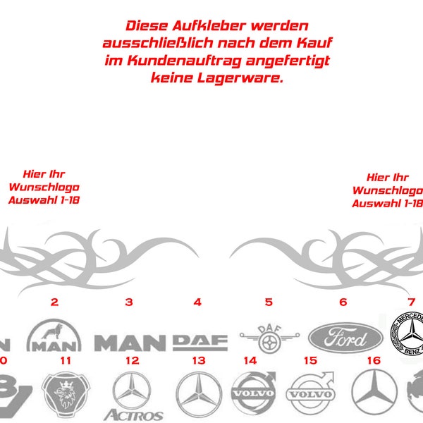 LKW Seitenscheiben Aufkleber/Sticker aus  Silberer Milchglasfolie verschiedene Motive zur Auswahl 6 teiliges Set