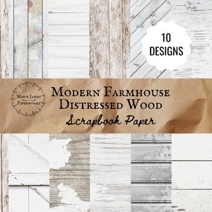 Papel de álbum de recortes de madera blanco apenado de granja moderna / 10 papel de arte de fondo de tablón de madera rústico imprimible / papel de arte de grano de madera