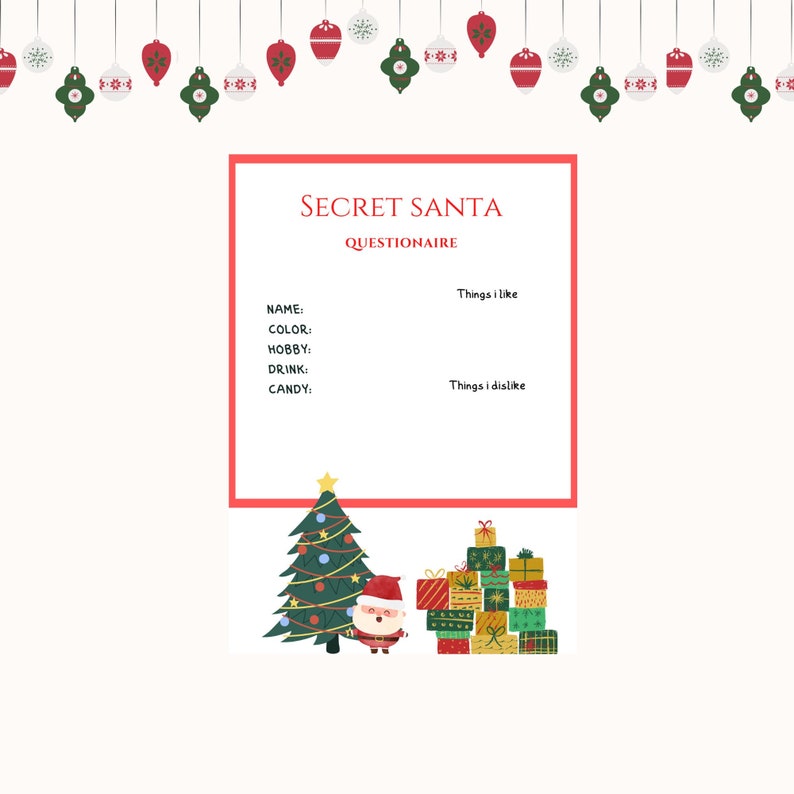 Secret Santa Printable Question Sheet, Secret Santa Form, Fill Out Secret Santa List, Secret ...