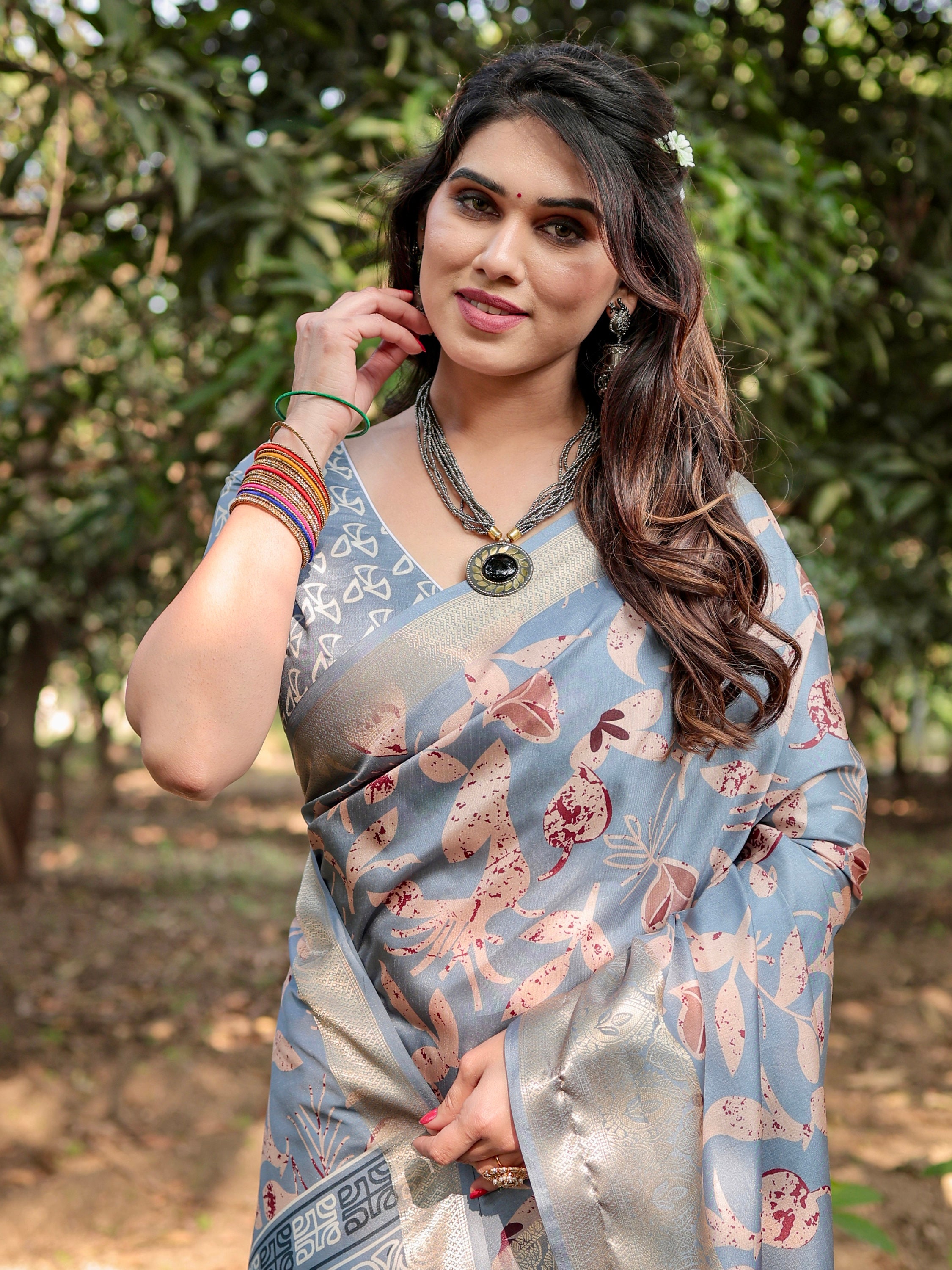Grey Semi Silk Saree with Hand Work blouse combo main image 1