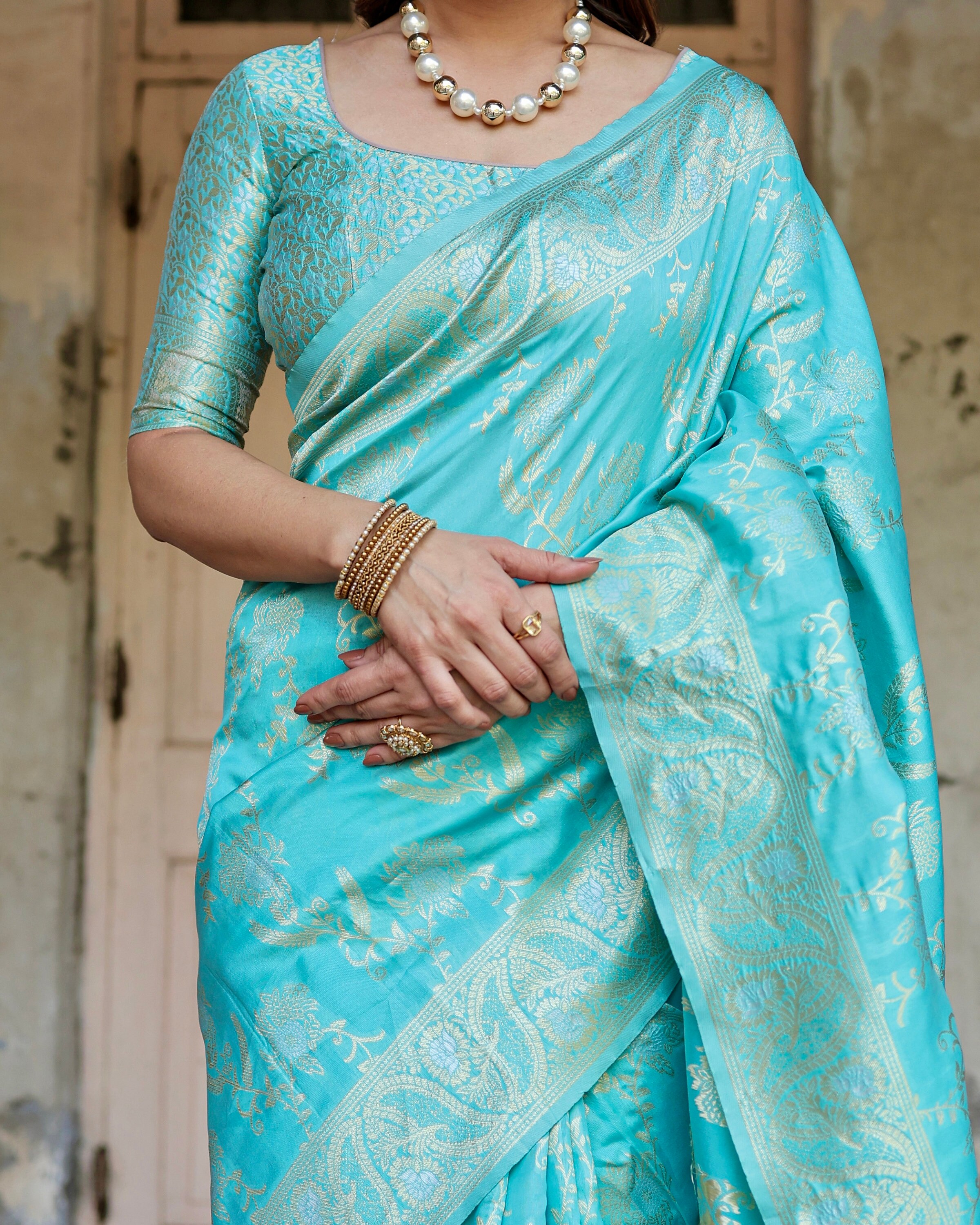 Semi Silk x Copper Zari Saree - Seafoam Green main image 1