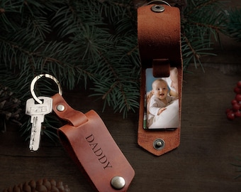 Personalized leather picture keychain First Father's day gift from son, photo keyring for husband, customized gift for dad, daddy key fob