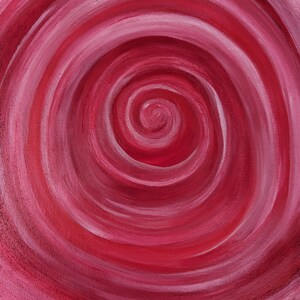 May include: Abstract painting of a spiral in shades of red and pink. The artwork features a central vortex that expands outwards in concentric circles, creating a sense of depth and movement. The brushstrokes are visible, adding texture.