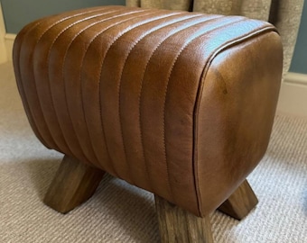 Brown Leather Stool / Footstool Wood Legs Pommel Horse Style Retro Vintage