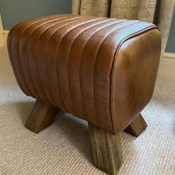 Brown Leather Stool / Footstool Wood Legs Pommel Horse Style Retro Vintage