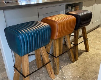 Leather Breakfast Bar Kitchen Counter Stool - Wood Legs Pommel Horse Style Seat - 5 Colours - Green Grey Black Blue Brown/Tan