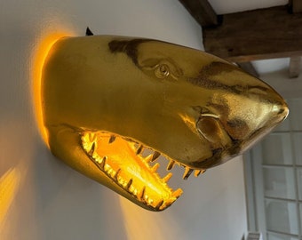 Shark Head Wall Light - Gold Colour Aluminium Metal - D38cm - Quirky Lamp