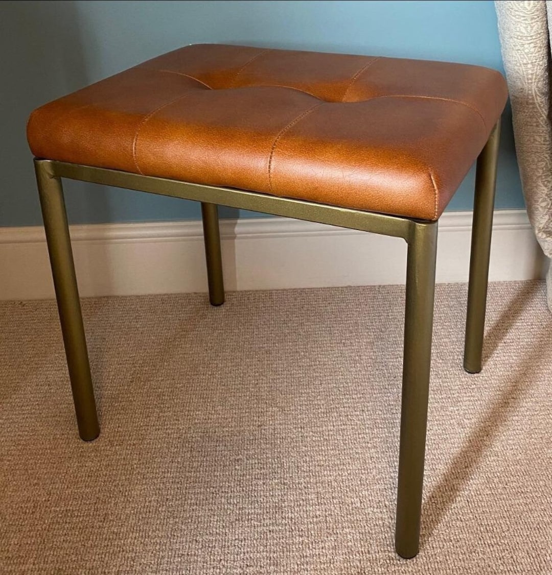 Brown Leather Foot Stool Upholstered Seat Gold Iron Legs Etsy UK