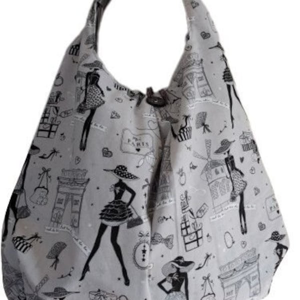 Sac besace fourre-tout réversible en toile de coton petite robe noire et toile à matelas