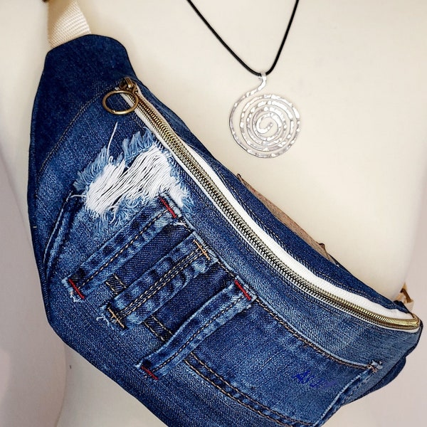 Sac banane en jean denim recyclé doublé en coton imprimé assorti avec bandoulière réglable