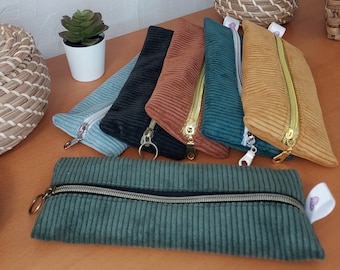 Flat corduroy school pencil case for pencils, brushes or creative accessories