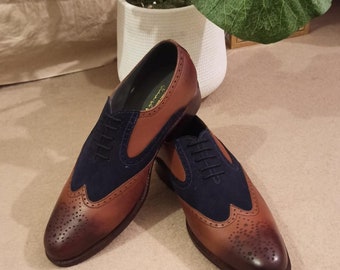 Spectator Navy and Brown Wingtips Brogue Shoes for Men's Dress Shoes, Men's Wedding Shoes, Men's Fashion Shoes