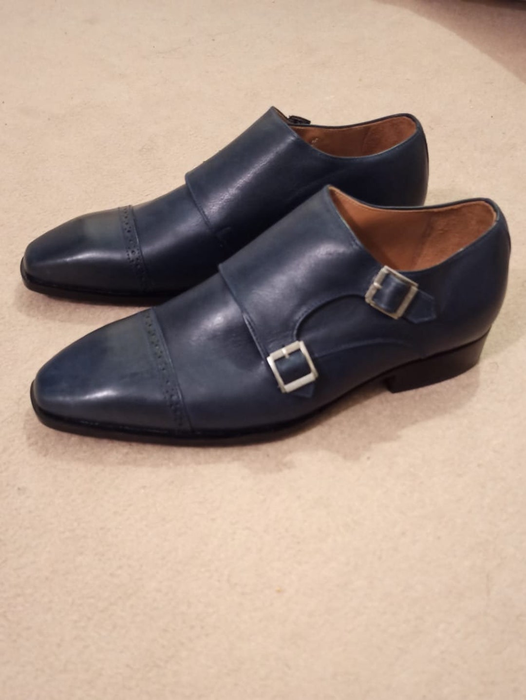 Navy Blue Dress Shoes for Men's Blue Double Monk Shoes, Men's Wedding