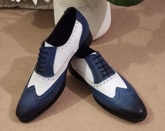 Blue and White Wingtips Spectator Brogue Shoes for Men's Blue Dress Shoes, Men's Fashion Shoes, Men's Wedding Shoes