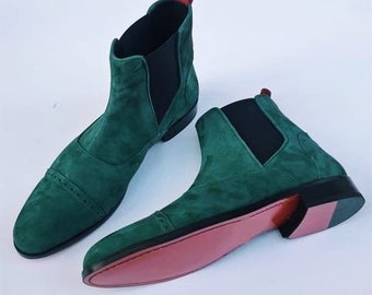 Green Chelsea Boots for Men Green Suede Leather Ankle Boots Western Long Boots