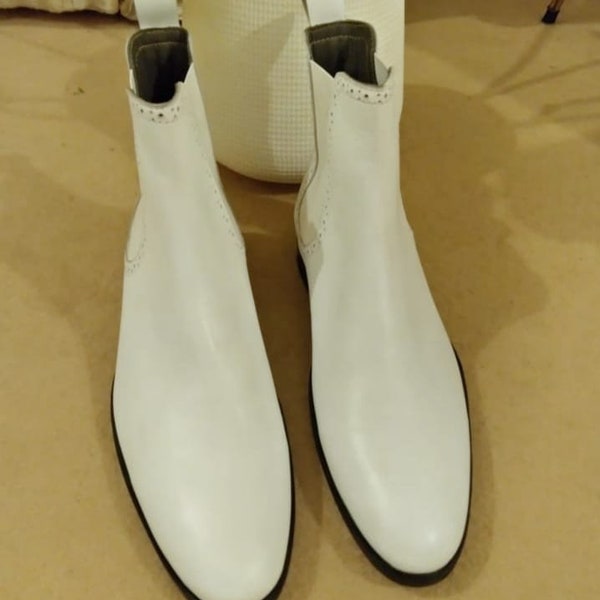 White Chelsea Boots Men Leather Ankle Boots, Long Boots, Western Boots