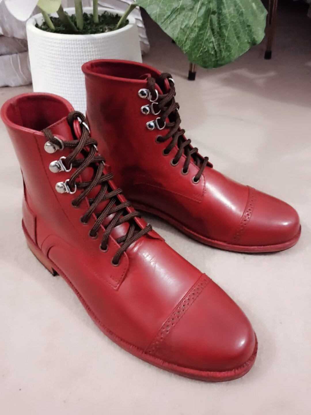 Men's Western Burgundy Red Leather Ankle Boots, Winter Boots, Custom