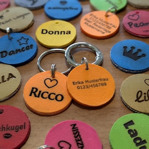 Könnte beinhalten: Nahaufnahme einer Reihe von bunten Leder-Hundemarken mit verschiedenen Designs und Texten, darunter ein Stern, eine Krone, ein Herz und die Namen "Dancer", "Ricco", "Donna", "Lad", "Nizzesin", "Pearl" und "Erika Musterfrau 0123/456789".