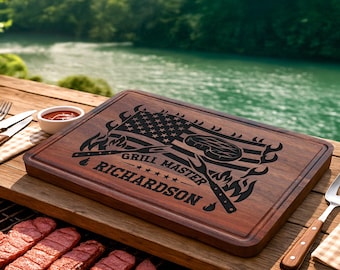 Personalized Grill Cutting Board, Custom Grill Master Gifts for Men with American Flag Design, Engraved BBQ Board, Father's Day Gift for Dad