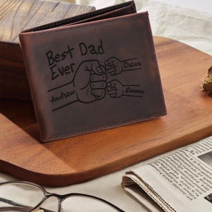 Cartera personalizada para papá, hecha a mano, regalo para el Día del Padre, regalo de cuero para el Día del Padre, cartera personalizada con nombres de niños, regalo para novio o esposo.