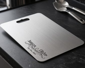 Pure Titanium Stainless Steel Cutting Board - Customized Anniversary Gift - Engraved Kitchen Decor - Double Sided Nonstick - Couple Present