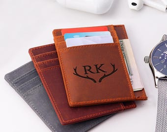 Billetera plegable de cuero para hombre, personalizada para el día de San Valentín, tarjetero de cuero delgado, regalo hecho a mano para él, regalo del tercer aniversario para el esposo