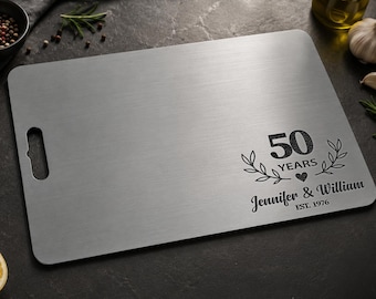 Personalized 50th Anniversary Titanium Cutting Board, Custom Engraved Golden Anniversary Gift, 50 Year Wedding Anniversary Gift for Couple