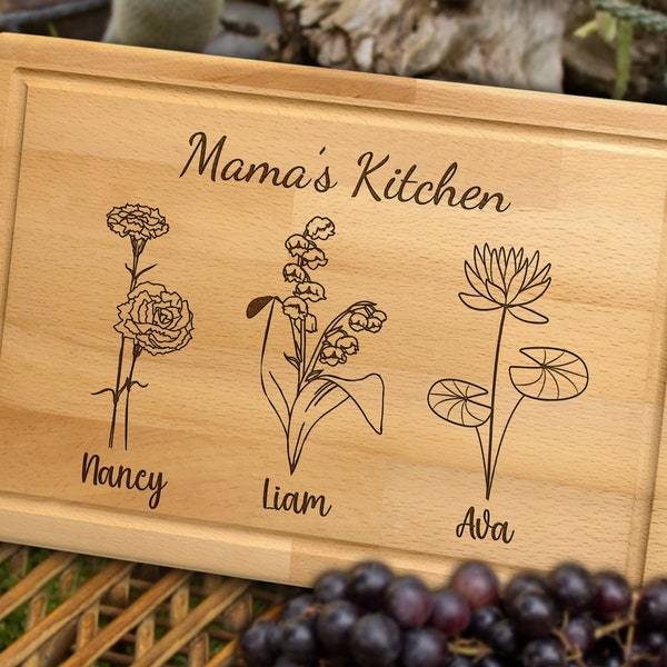 Personalized Christmas Birth Flower Kitchen Decor with Kids Names for Nana Grandma Mom, Birthday Gift Grandma Grandpa, Custom Cutting Board