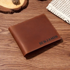 Cartera de cuero personalizada, cartera de cuero genuino grabada personalizada, regalo de aniversario para él, hombres, padre, papá, esposo, novio