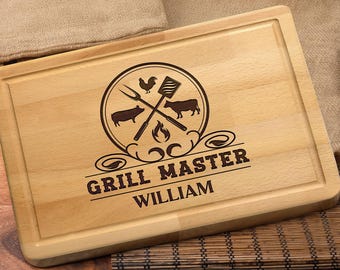 Personalized Grill Master Cutting Board Custom BBQ Gift for Him Engraved Name Butcher Block Fathers Day Gift for Dad Husband Kitchen Decor