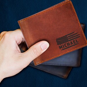 Cartera de cuero RFID personalizada, cartera de cuero genuino grabada personalizada, regalo de aniversario para él, esposo, novio, hombres, padre, papá
