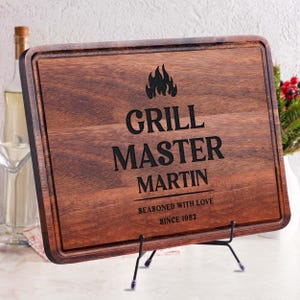 Grill Master Cutting Board Personalized BBQ Gift for Him Custom Name Engraved Board Fathers Day Gift Birthday Gift for Dad Grill Lover