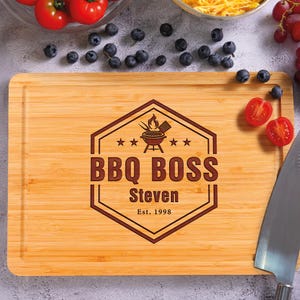 Personalized BBQ Cutting Board Custom Engraved Bamboo Grill Master Dad Husband Grandpa Name and Custom Date BBQ Boss Board Special Gift