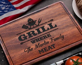 Personalized Grill Cutting Board, Custom BBQ Meat Board for Dad, Husband, or Family, Home Decor, Outdoor Cooking Gift With Name,Grandpa Gift