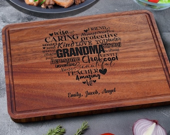 Personalized Grandma Cutting Board, Custom Engraved  Mom's Kitchen with Kids Names Wood Board, Mother's Day Gift