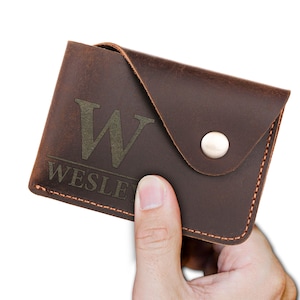 Cartera personalizada grabada para hombre, cartera minimalista delgada personalizada, regalo de cumpleaños para él, regalo para novio, cartera hecha a mano